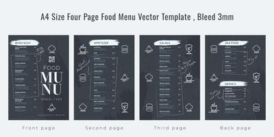 Restaurant cafe menu, template design, A4 size four page food menu template, Bleed 3mm vector