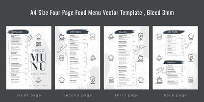 Restaurant cafe menu, template design, A4 size four page food menu template, Bleed 3mm vector