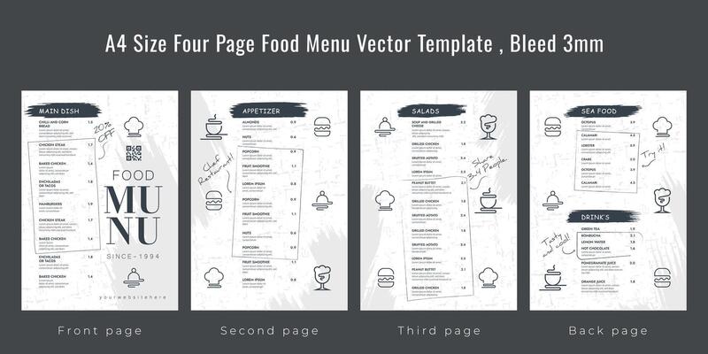 Restaurant cafe menu, template design, A4 size four page food menu template, Bleed 3mm