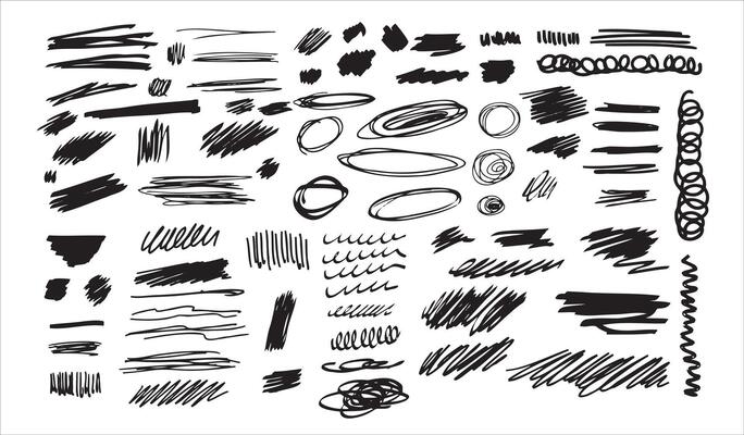 Set of doodle crosses, swirls, broken lines. Hand-drawn geometric shapes. Abstract sketch symbols.