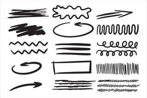 Set of doodle crosses, swirls, broken lines. Hand-drawn geometric shapes. Abstract sketch symbols. vector