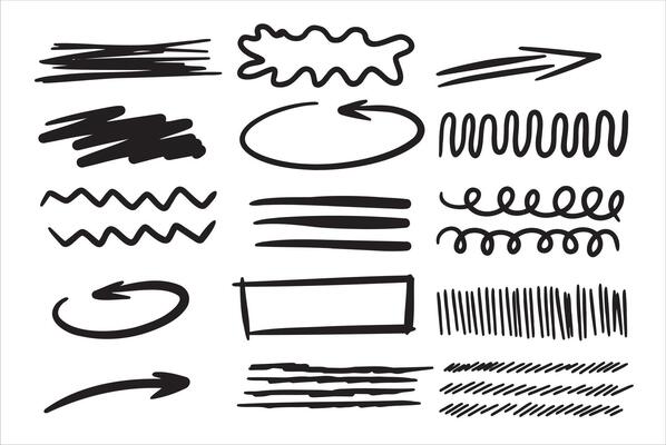 Set of doodle crosses, swirls, broken lines. Hand-drawn geometric shapes. Abstract sketch symbols.