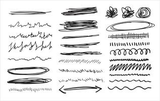 Set of doodle crosses, swirls, broken lines. Hand-drawn geometric shapes. Abstract sketch symbols. vector