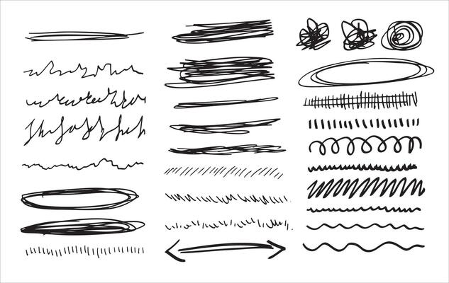 Set of doodle crosses, swirls, broken lines. Hand-drawn geometric shapes. Abstract sketch symbols.