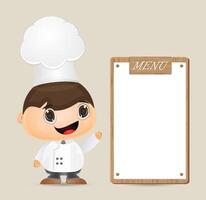 dibujos animados personaje cocinero con menú texto caja vector