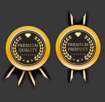 premium quality product badge gold color with ribbon and dark background vector