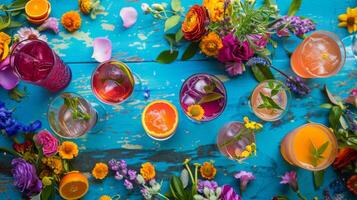 AI generated A table topped with glasses filled with different types of drinks and flowers on top of a blue table covered in oranges, pinks, purples and yellows photo