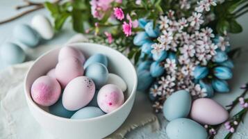 AI generated A white bowl filled with blue and pink eggs sitting on top of a table next to a bunch of flowers photo