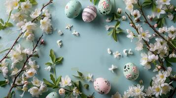 AI generated Floral oval adorned with Easter eggs and flowers, viewed from above. Minimalist pastel background with space for text photo