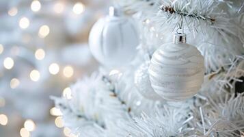 AI generated White decorations on white Christmas tree with copy photo