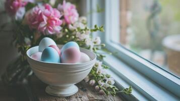 AI generated A white bowl filled with blue and pink eggs sitting on top of a table next to a bunch of flowers photo