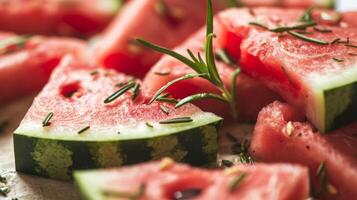 AI generated A close up of slices of watermelon with a sprig of rosemary sprinkled on top photo