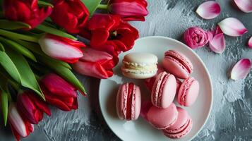 AI generated A white plate topped with pink and red macaroons next to a bouquet of red and pink tulips photo