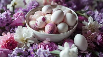 AI generated A bowl filled with lots of white and pink eggs surrounded by pink and purple flowers on top of a bed of purple and white flowers photo