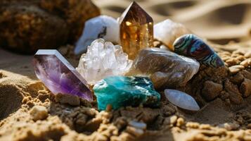 AI generated Group of healing crystals on a sand photo