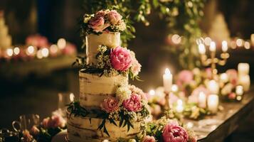AI generated A three tiered cake with pink flowers on top of a table with candles and flowers on the side of the cake and on the other side of the cake photo
