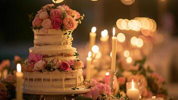 AI generated A three tiered cake with pink flowers on top of a table with candles and flowers on the side of the cake and on the other side of the cake photo