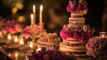 AI generated A three tiered cake with pink flowers on top of a table with candles and flowers on the side of the cake and on the other side of the cake photo