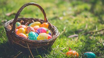 AI generated A basket full of colorful easter eggs on a green lawn photo