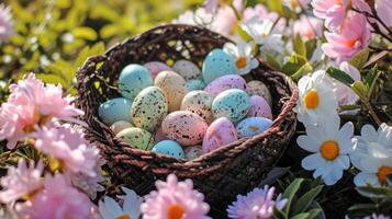 AI generated A basket filled with lots of colorful eggs on top of a bed of pink and white flowers next to pink and white flowers photo