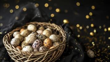 AI generated A basket filled with small speckled eggs on top of a black tablecloth covered tablecloth with gold flecks on it and a black background photo