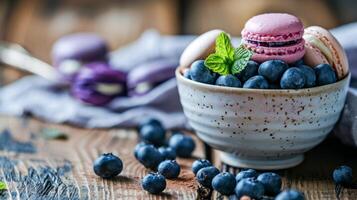 AI generated A bowl of blueberries and macaroons on a table photo