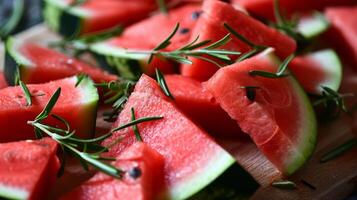 AI generated A close up of slices of watermelon with a sprig of rosemary sprinkled on top photo