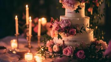 AI generated A three tiered cake with pink flowers on top of a table with candles and flowers on the side of the cake and on the other side of the cake photo