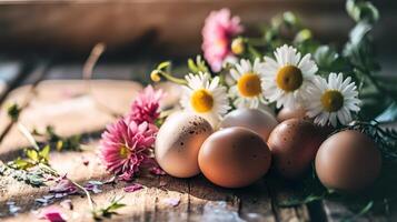 AI generated A bunch of eggs sitting on top of a table next to flowers photo