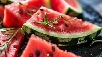 AI generated A close up of slices of watermelon with a sprig of rosemary sprinkled on top photo