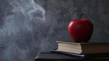 AI generated A red apple sitting on top of a stack of books on top of a black table next to a gray wall with smoke coming out of the back of it photo