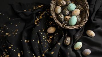 AI generated A basket filled with small speckled eggs on top of a black tablecloth covered tablecloth with gold flecks on it and a black background photo