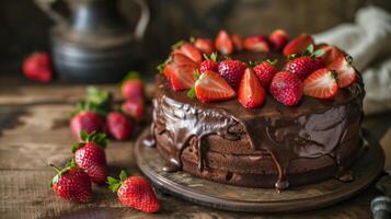 AI generated A cake with chocolate frosting and strawberries on a table photo