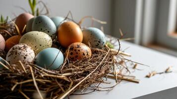 AI generated A nest filled with different colored eggs on top of a white table next to a pile of straw on top of a white surface photo