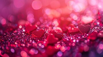 AI generated Trendy viva magenta color of the year 2024, pink red hearts, sparkling glitter bokeh panoramic background banner, valentines day abstract defocused texture header photo