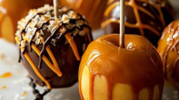 AI generated Caramel apples with caramel drizzle and chocolate drizzle on them, one with a caramel drizzle and one with a drizzle on top, the other with caramel photo