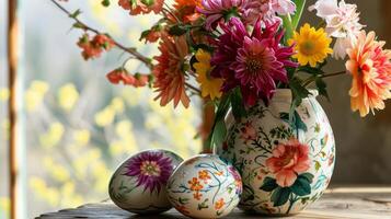 AI generated A vase filled with lots of colorful flowers next to two decorated eggs photo