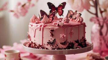 AI generated A pink cake with butterflies on it and pink icing photo