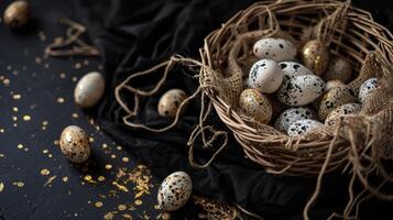 ai generado un cesta lleno con pequeño moteado huevos en parte superior de un negro Manteles cubierto Manteles con oro motas en eso y un negro antecedentes foto