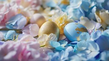 AI generated Colored Easter eggs on a background of flower petals, spring composition. Soft yellow- gold blue and white colors, pink and blue petals photo