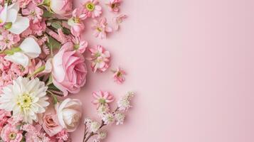 ai generado bandera con flores en ligero rosado antecedentes. saludo tarjeta modelo para boda, madres o mujeres día. primavera composición con Copiar espacio. plano laico estilo foto