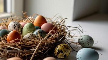 AI generated A nest filled with different colored eggs on top of a white table next to a pile of straw on top of a white surface photo