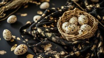 AI generated A basket filled with small speckled eggs on top of a black tablecloth covered tablecloth with gold flecks on it and a black background photo