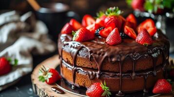 AI generated A cake with chocolate frosting and strawberries on a table photo