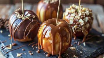 AI generated Caramel apples with caramel drizzle and chocolate drizzle on them, one with a caramel drizzle and one with a drizzle on top, the other with caramel photo