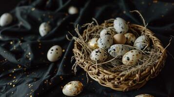 ai generado un cesta lleno con pequeño moteado huevos en parte superior de un negro Manteles cubierto Manteles con oro motas en eso y un negro antecedentes foto