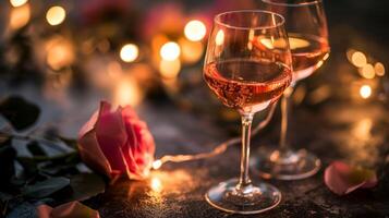 AI generated Glass of wine with rose for romantic atmosphere photo