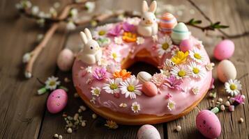 AI generated A decorated doughnut with bunnies, eggs, and flowers photo