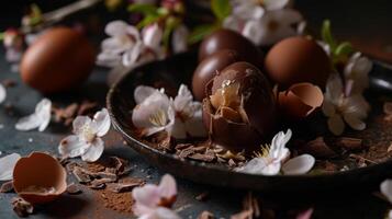 AI generated A chocolate egg with flowers and eggshells on a plate photo