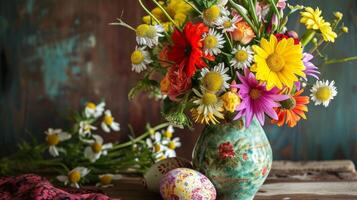 ai generado un florero lleno con un montón de vistoso flores siguiente a dos decorado huevos foto